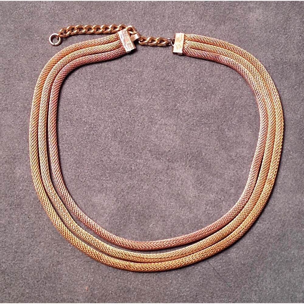 Vintage Gold on Sterling Mesh Necklace Tri-Tone Lamode 3 Strand